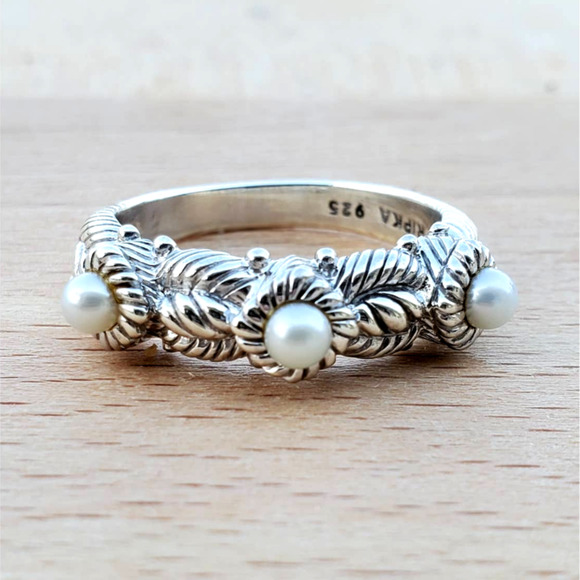 Judith Ripka Sterling Silver 925 Three Pearl Band Ring Size 8 - Picture 2 of 7